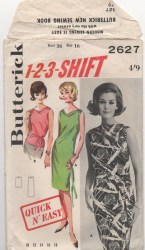 2627 Butterick 1963 1-2-3 Sleeveless Cowl Shift Dress, tie Belt, Overblouse pattern 14 34" B or 12 32B Choice